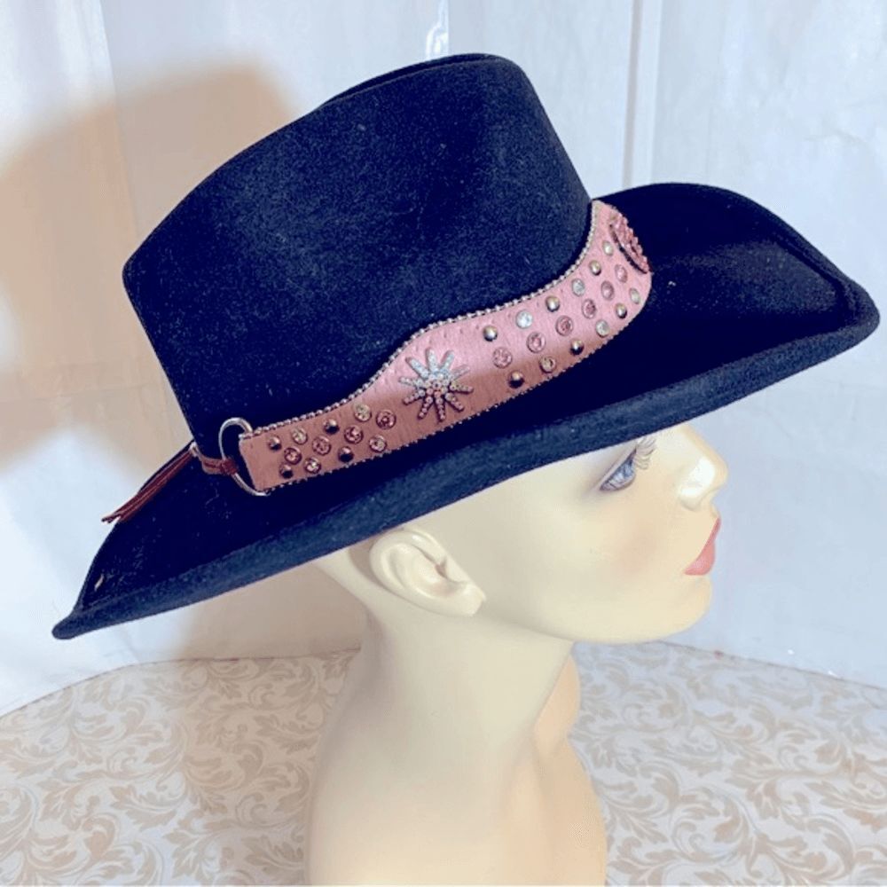 BullHide Cowgirl Cowboy Hat Black Wool Pink Calf Hair Jewel Studded Hatband S/M - Picture 7 of 8
